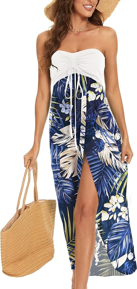 Women's Beach Dress Summer Maxi Sundress Strapless Hawaiian Cover Ups Asymmetrical Wrap Dresses