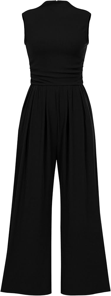 PRETTYGARDEN Womens Summer Jumpsuits Dressy Casual One Piece Outfits Sleeveless Mock Neck Wide Leg Pants Rompers with Pockets