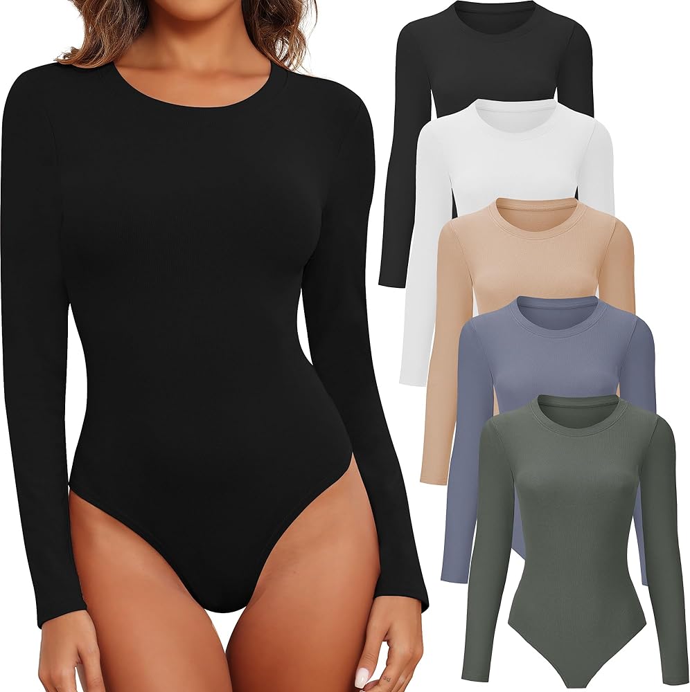 BALENNZ Womens Long Sleeve Bodysuit Round Neck Bodysuit Shirts for Women Crew Neck Body Suits Tops Fall Body Suit Pack