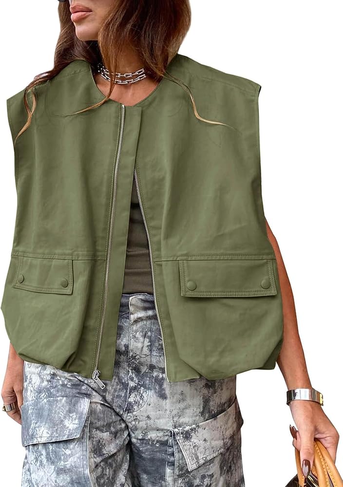 Women's Lightweight Zip Up Vest Cargo Oversized Sleeveless Ruched Hem Blazer Jackets Top with Pockets