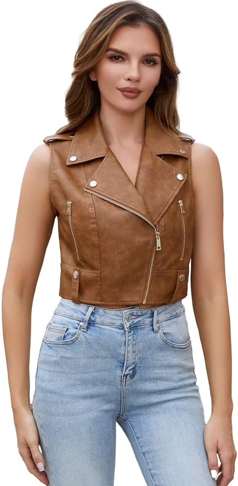 DIASHINY Women Faux Leather Vest Cropped Biker Slim Vest Vintage Pu Leather Motorcycle Jacket