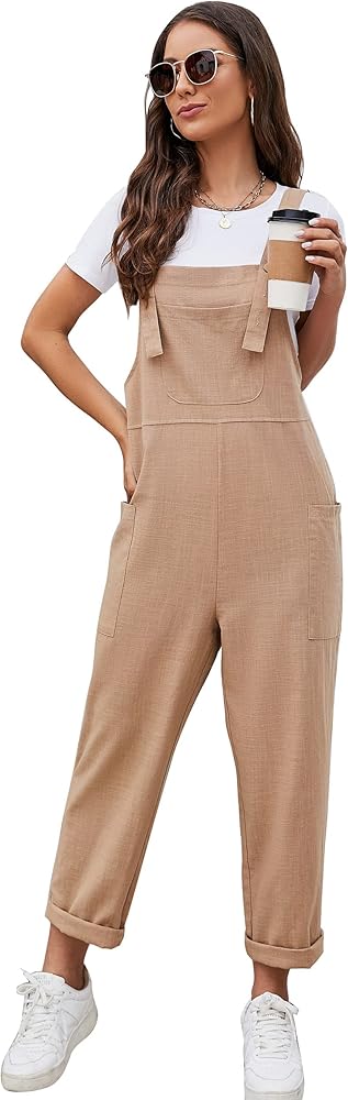 Flygo Women's Casual Cotton Overalls Wide Leg Loose Fit Jumpsuit Baggy Rompers with Pockets