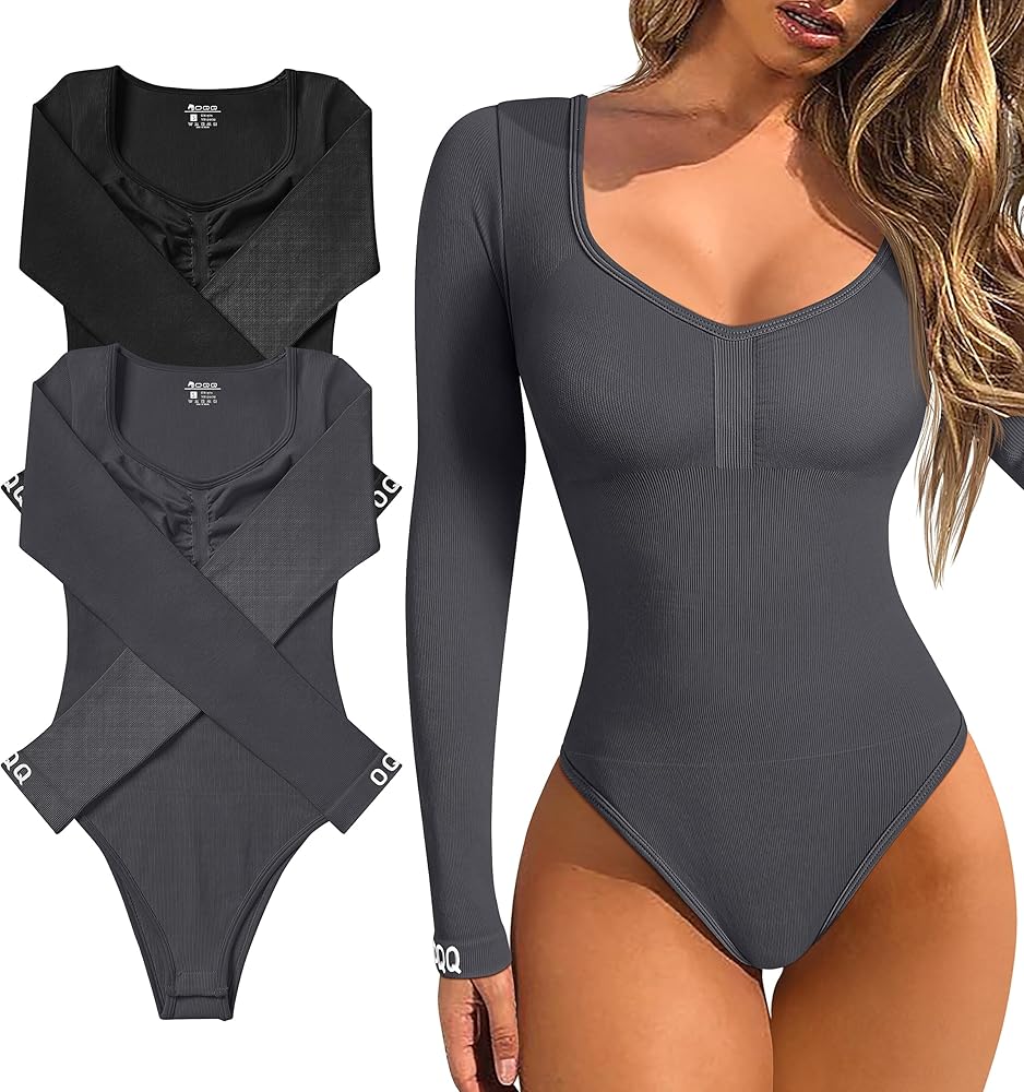 OQQ Bodysuits for Women 2 Piece Sexy Ribbed Long Sleeve Tummy Control Tops Bodysuits