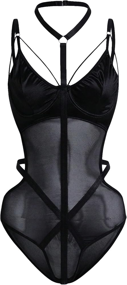 OYOANGLE Women's Sleeveless Spaghetti Straps Underwire Bodysuits Cut Out Sheer Mesh Tops with Choker