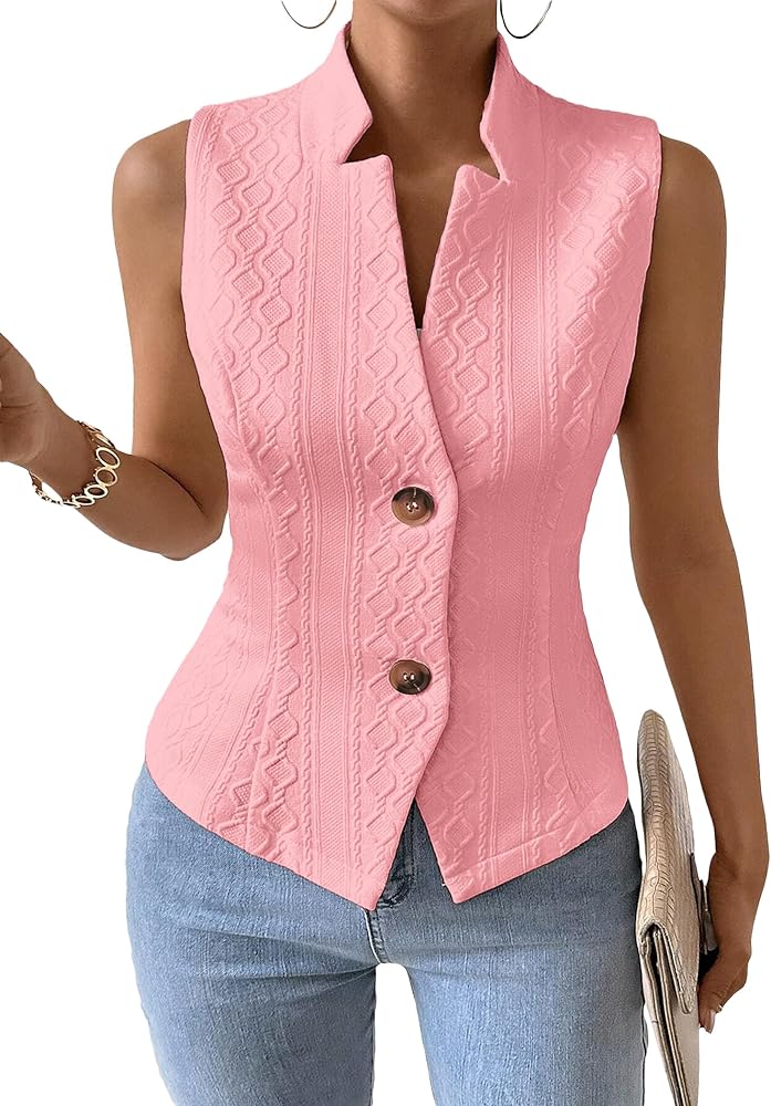 Women's 2024 Fall Sleeveless Jacquard Vest Blazer Lightweight Casual Button Open Front Work Top Solid Elegant Outerwear