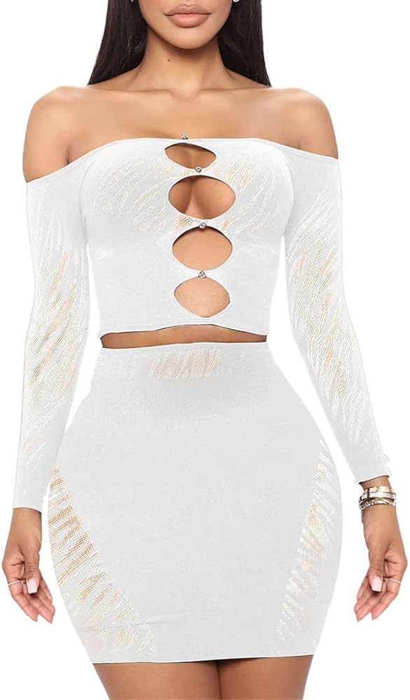 MOEENCN Sexy Two Piece Outfit Mesh Perspective Splice Hollow Out Off Shoulder Long Sleeve Skirt Sets Party Club Night