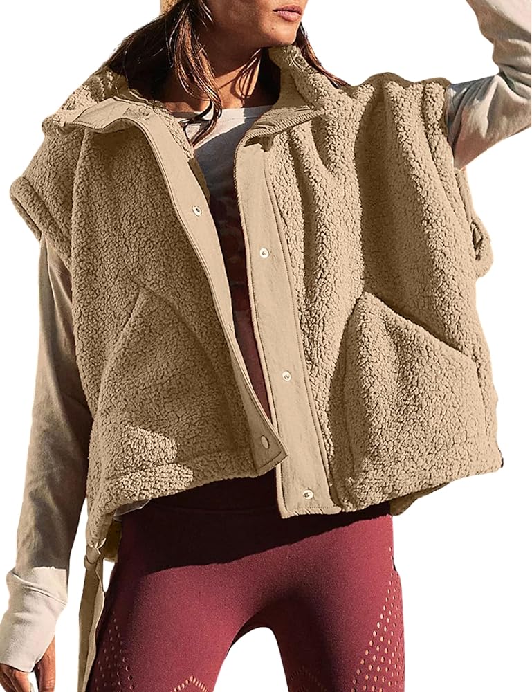 Women's Oversized Fleece Vest Sleeveless Casual Button Down Piecing Fuzzy Sherpa Gilet Jacket with Pockets