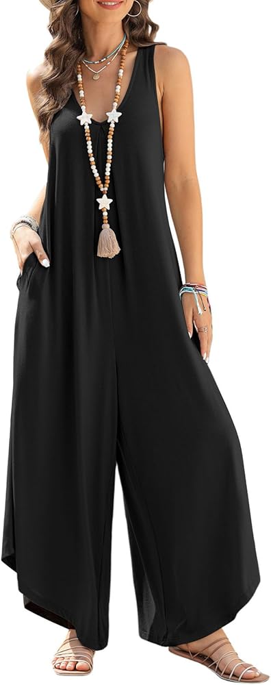 Happy Sailed Womens Overall Jumpsuits Summer Sleeveless Ruched V Neck Flared Wide Leg Pants Rompers with Pockets