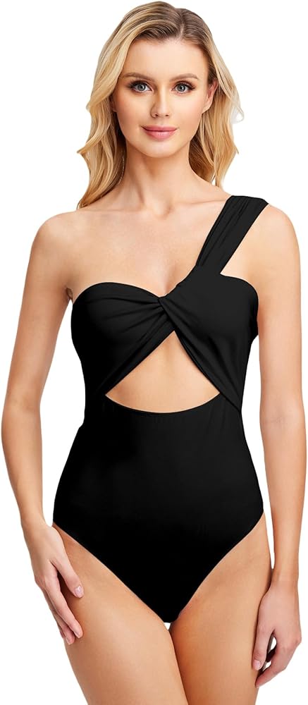 WDIRARA Women's One Shoulder Cut Out Twist Front Sleeveless Sexy Cami Bodysuit Top Black Solid XL