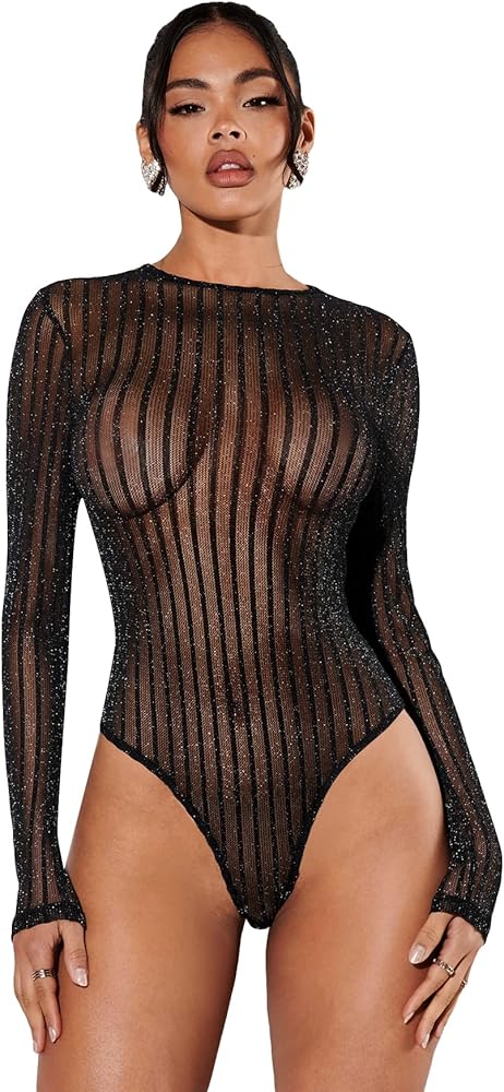 WDIRARA Women's Mesh See Through Long Sleeve Sexy Sheer Fitted Party Bodysuit Top Black M