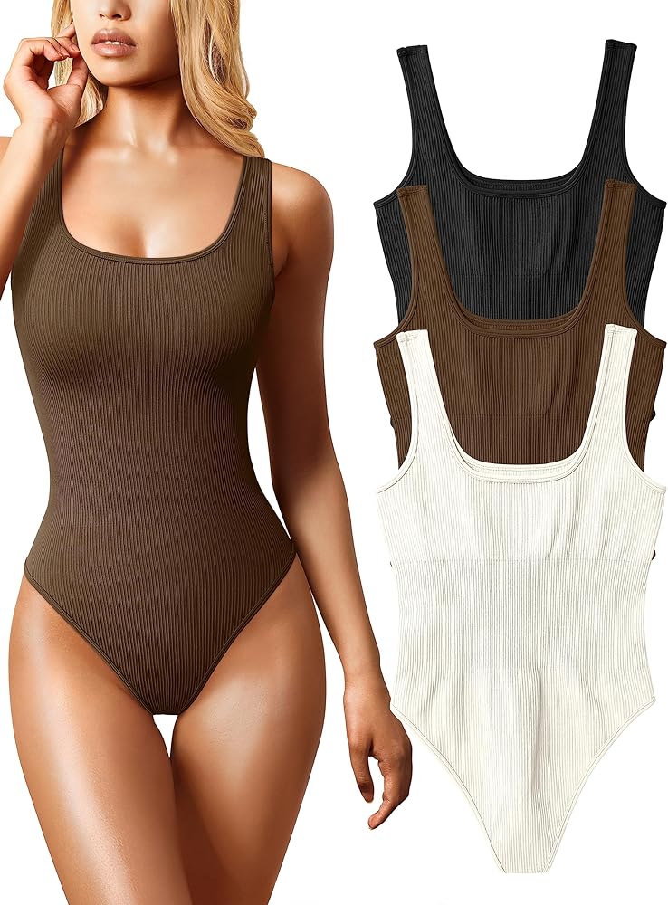 OQQ Women's 3 Piece Bodysuits Sexy Ribbed Sleeveless Square Neck Sleeveless Tank Tops Bodysuits