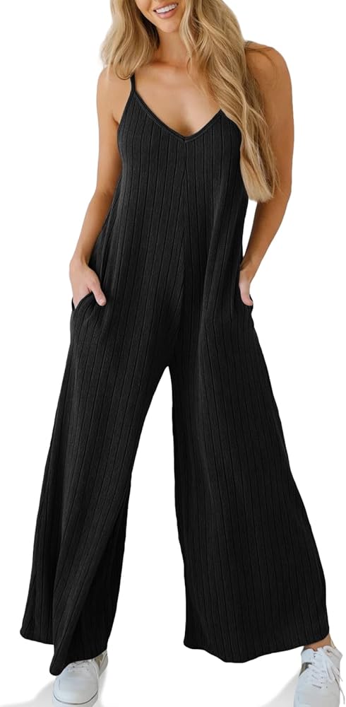 Tongmingyun Womens Casual Summer Jumpsuits Wide Leg Spaghetti Strap Ribbed Overall Jumpsuit with Pockets