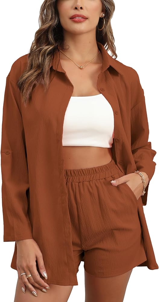 Casual 2 Piece Outfit for Women Lounge Sets Long Sleeve Button Down Shirts and Side Pocket Shorts Sets