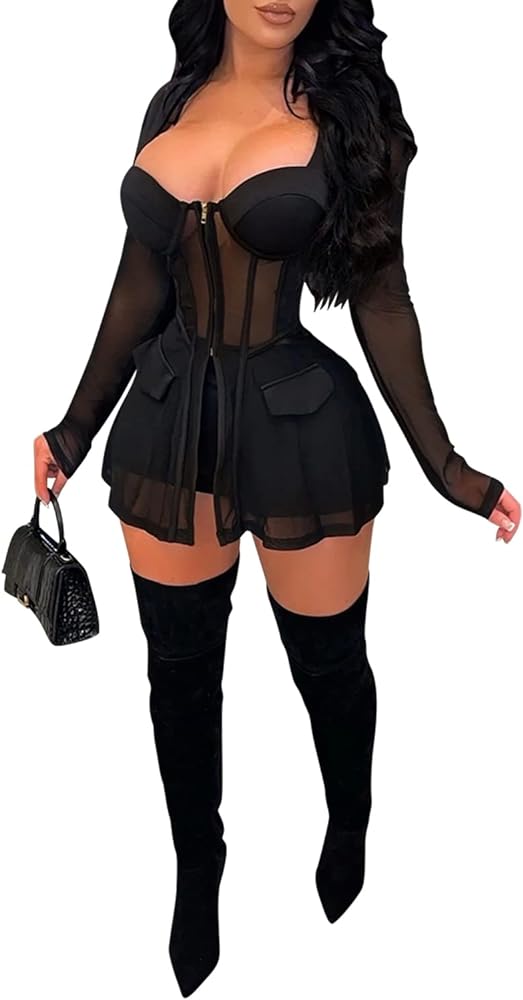 CUTUBLY 2 Piece Outfits for Women Sexy Clubwear See Through Bodycon Long Sleeve Party Club Romper Corset Jumpsuit