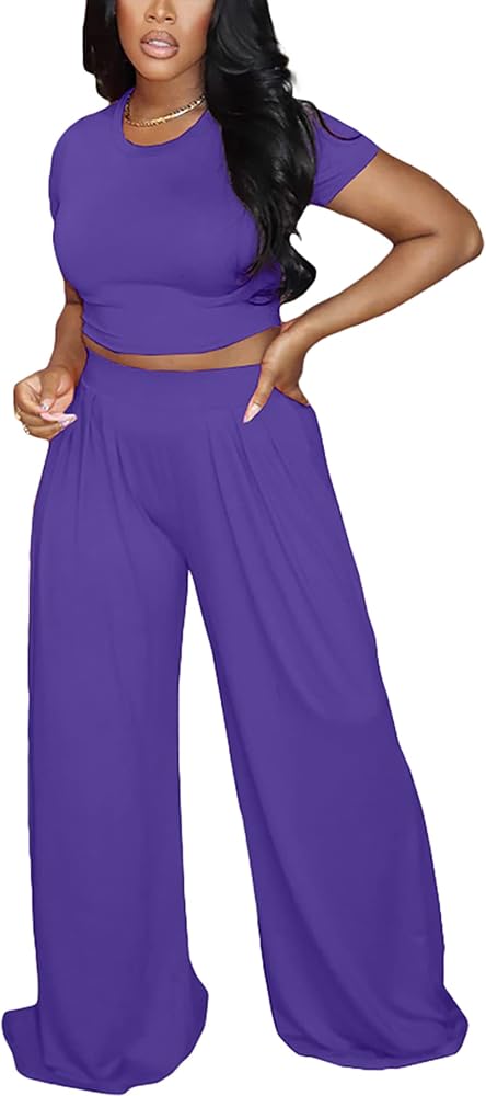 Fooullaide Summer Two Piece Outfit for Women Sexy Short Sleeve Crop Tops Sweatsuit High Waist Wide Leg Pant Set Jumpsuit