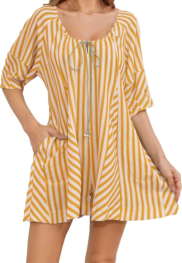 Womens Summer Striped Romper Casual Oversized Puff Short Sleeve Wide Leg Short Jumpsuits Overalls