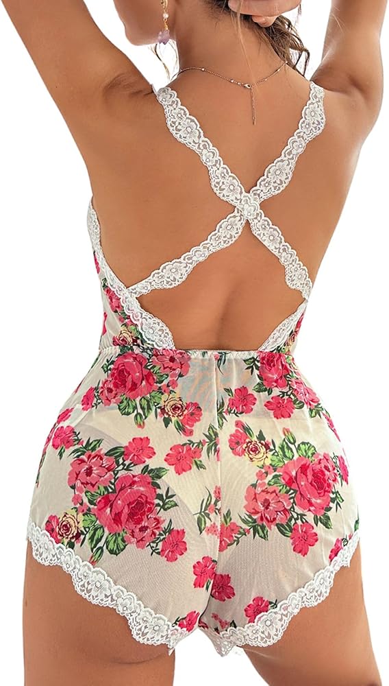 Verdusa Women's Lace Trim Floral Mesh Sleep Romper Pajama Onesie Chemise Nightgown