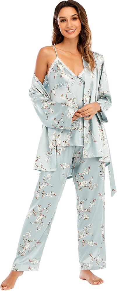 Escalier Women's Silk Satin Pajamas Set 3 Pcs Floral Silky Pj Sets Sleepwear Cami Nightwear with Robe and Pant