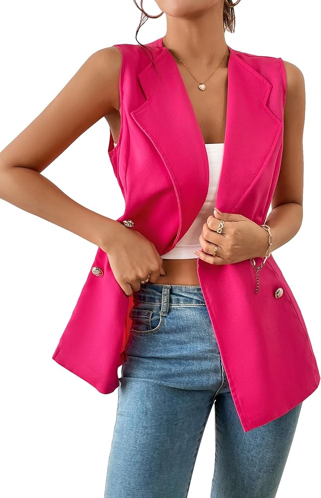 GORGLITTER Women's Sleeveless Blazer Vest Lapel Collar Double Breasted Casual Lightweight Jackets