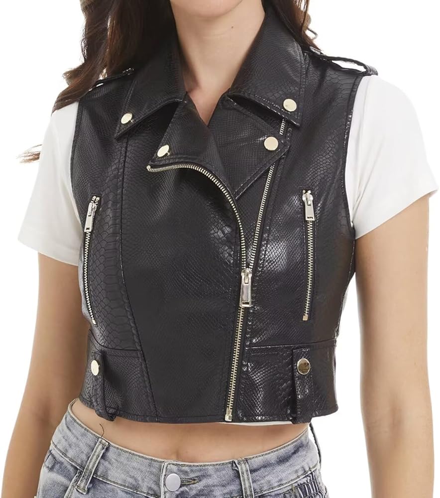 Faux Leather Vest For Women Zipper Cropped Sleeveless Biker Moto Slim PU Motorcycle Waistcoat