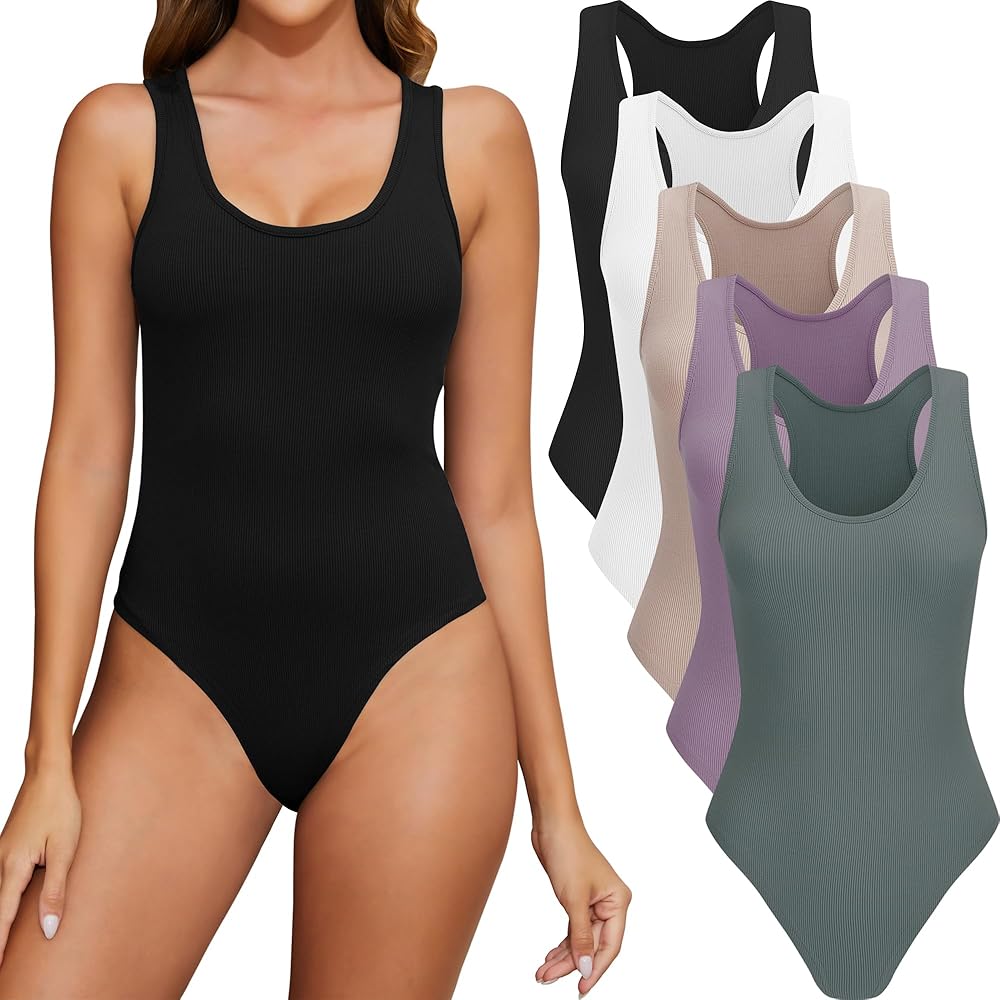 4/5 Pack Bodysuit for Women Ribbed Sleeveless Scoop Neck Tank Top Racerback Womens Bodysuit