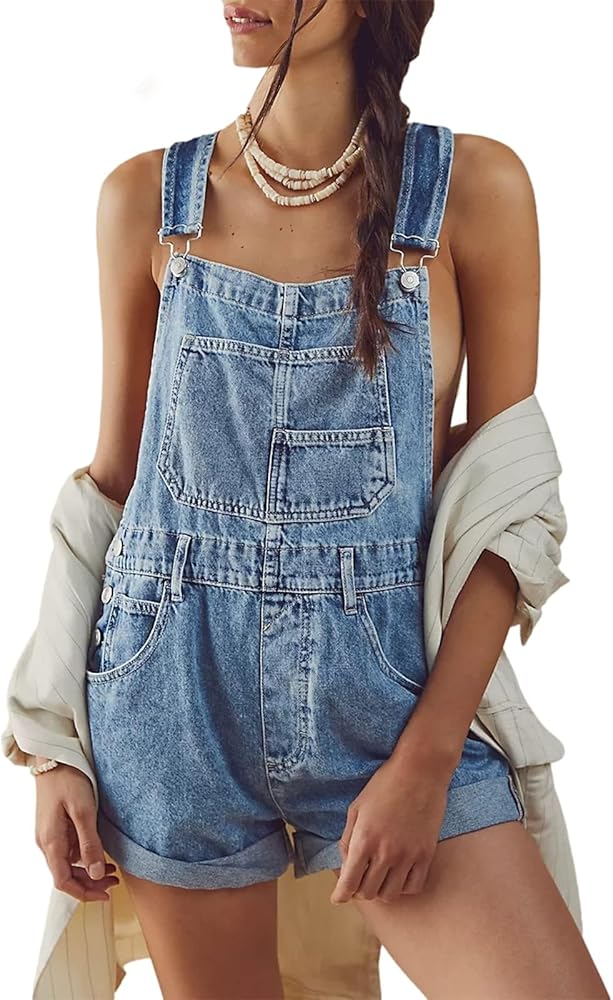 Womens Overalls Shorts Denim Bib Straps Shorts Casual Solid Color Rompers Jumpsuits With Pockets Pants