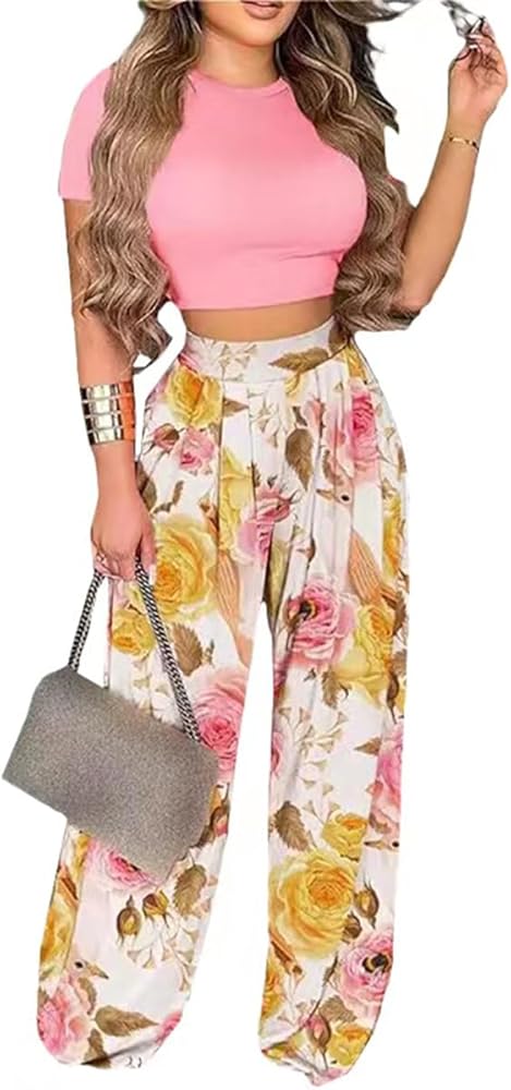 BFFBABY 2 Piece Outfits for Women Short Sleeve Crop Top High Waist Wide Leg Long Pant Sets Tracksuit Sport Set