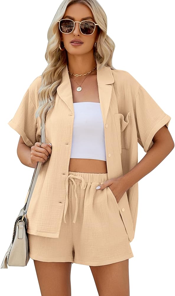 Flygo Women's Two Piece Shirts Sets Short Sleeve Summer Casual Linen Shirt Elastic Waist Short Sets Outfits