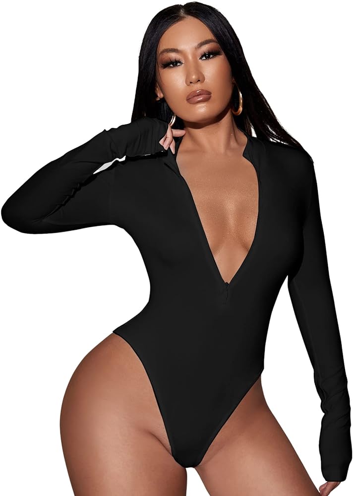 Floerns Women's Solid Long Sleeve Zip Front Leotard Bodysuit Tops