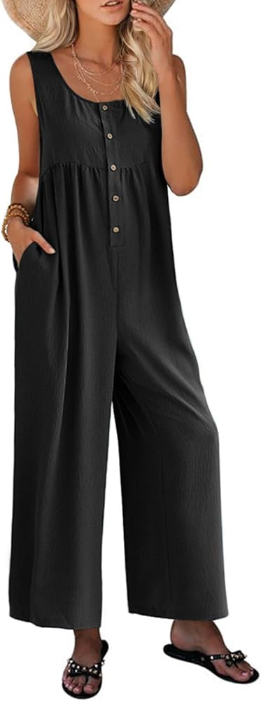 Glamaker Women's Casual Summer Sleeveless Jumpsuits Button Up Wide Leg Pant Romper Baggy Overalls With Pockets