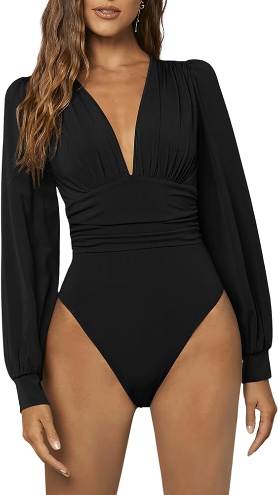 GORGLITTER Women's Sexy Ruched Deep V Neck Long Sleeve Bodysuit Plunging Neckline Leotard Shirts