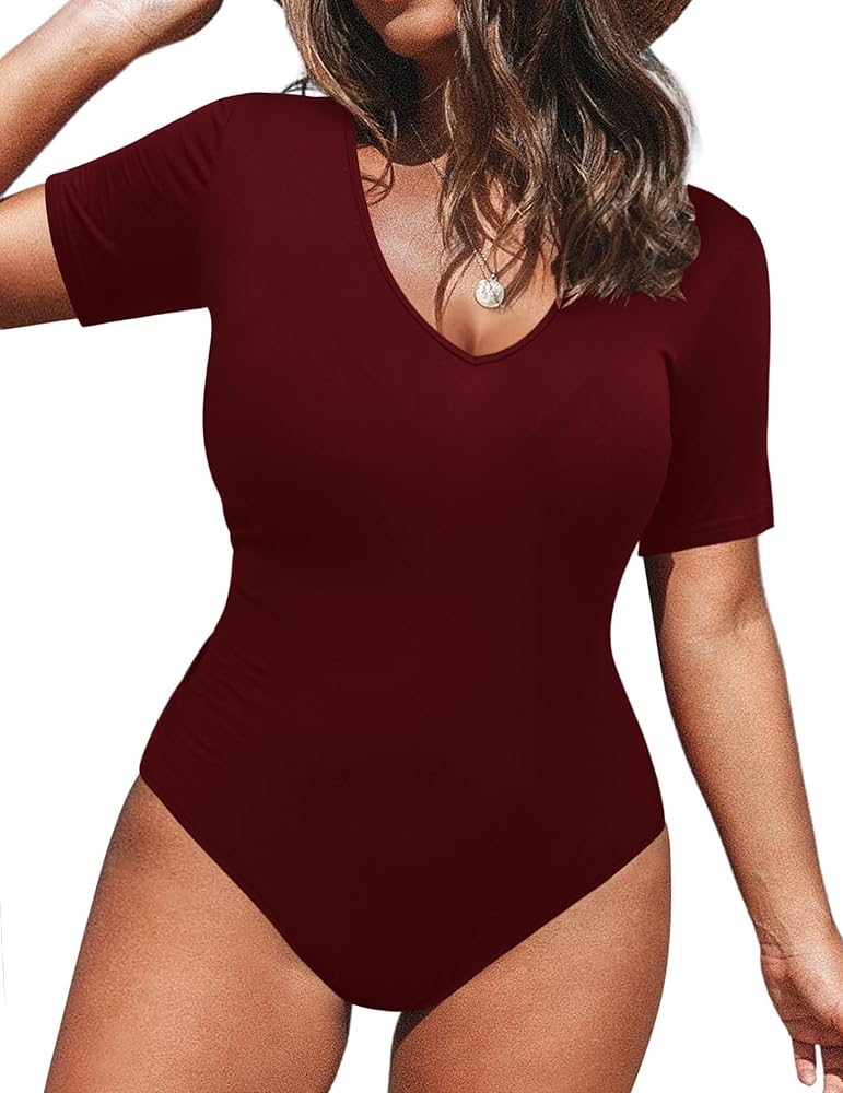 IN'VOLAND Women's Bodysuit Plus Size Short Sleeve Scoop Neck Bodysuit Basic Top T Shirt Leotards Jumpsuits