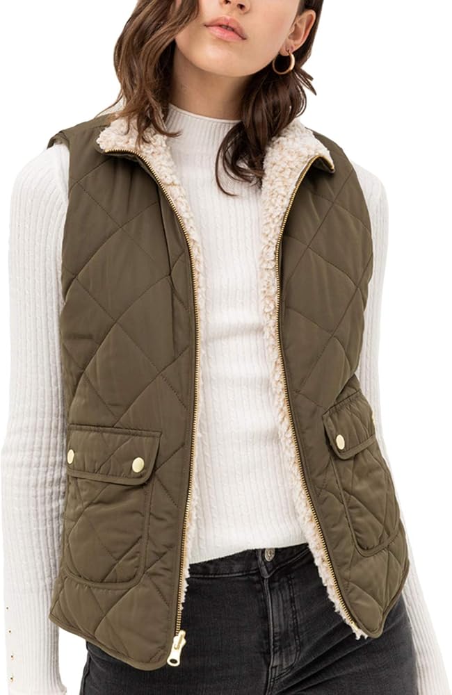 NE PEOPLE Women’s Quilted Vest – Reversible Lightweight Sleeveless Full Zip Up Faux Fur Lining Gilet Jacket with Pockets