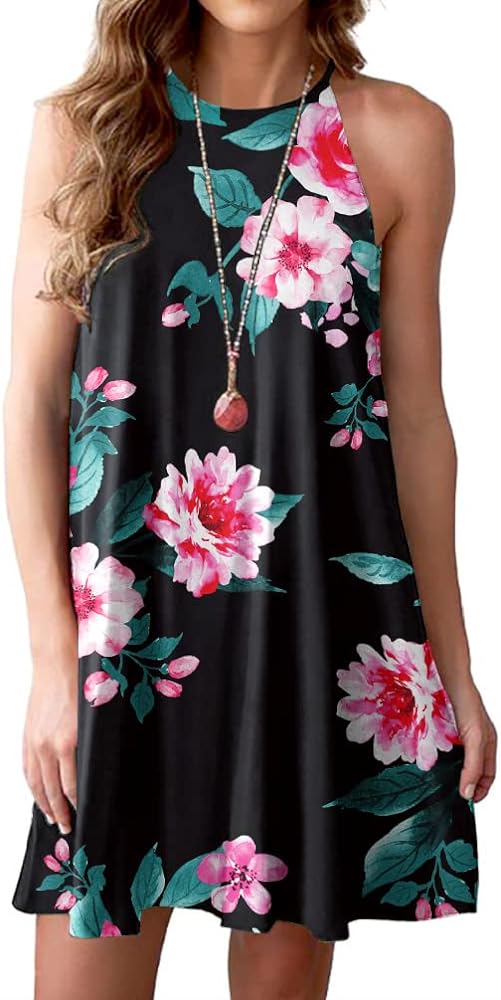 Feiersi Summer Dresses for Women Beach Floral Tshirt Sundress Sleeveless Casual Loose Tank Dress