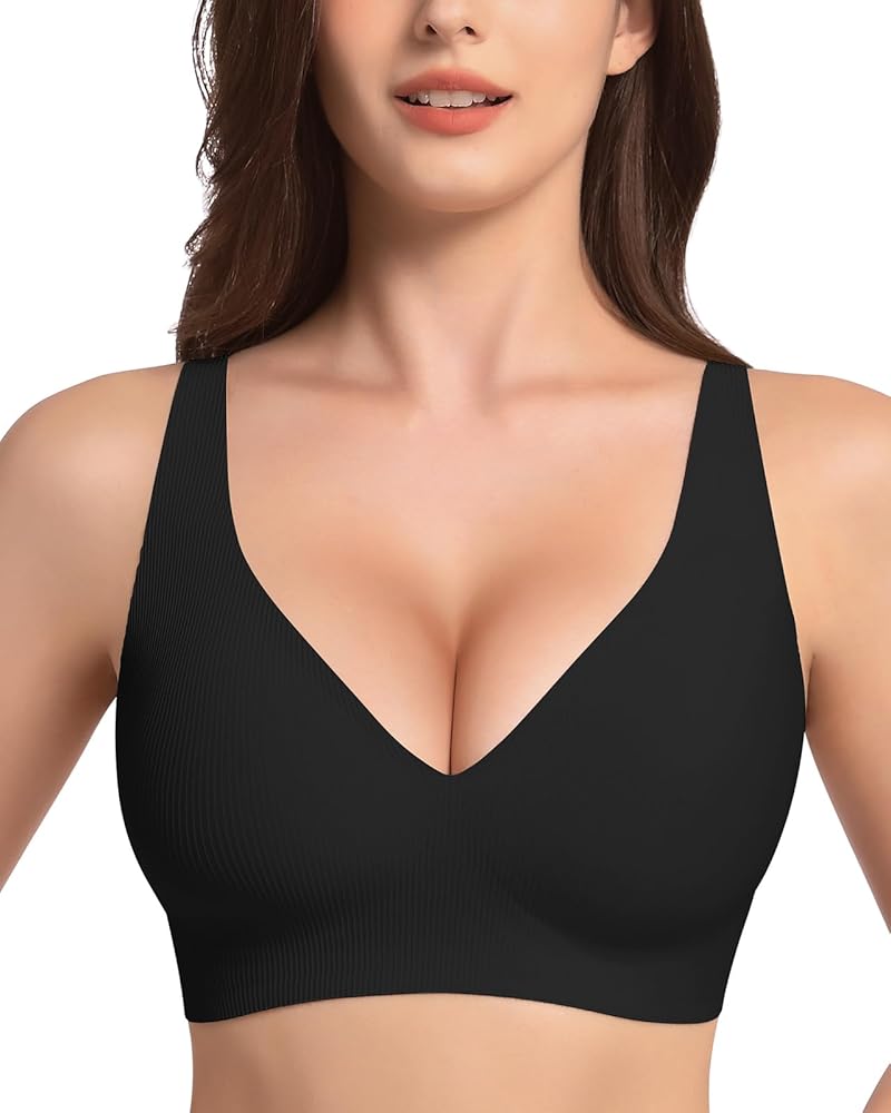 Deep V Neck Wireless Bra Comfortable Seamless Bra Deep Plunge T Shirt Bra No Underwire Padded Push Up Bra