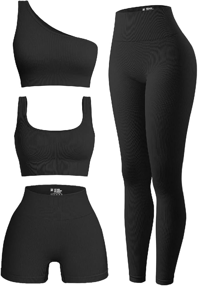 OQQ Women's 4 Piece Outfits Ribbed Exercise Scoop Neck Sports Bra One Shoulder Tops High Waist Shorts Leggings Active Set