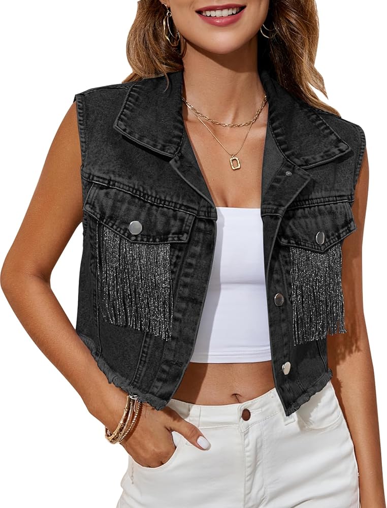 Flygo Womens Fringe Denim Vest Sleeveless Button Down Frayed Distressed Tassel Crop Jean Jacket Vests