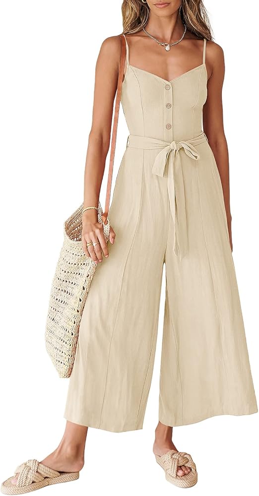 ANRABESS Jumpsuits for Women 2024 Summer Casual Linen Wide Leg V Neck Beach Rompers Dressy Spaghetti Strap Overalls