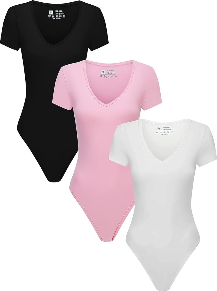 3 Piece Short Sleeve Bodysuit for Women V Neck Stretchy Basic Body Suit Tops