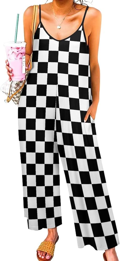 Black White Race Checkered Flag Pattern Womens Suspender Jumpsuits Sleeveless Straps Casual Loose Overalls