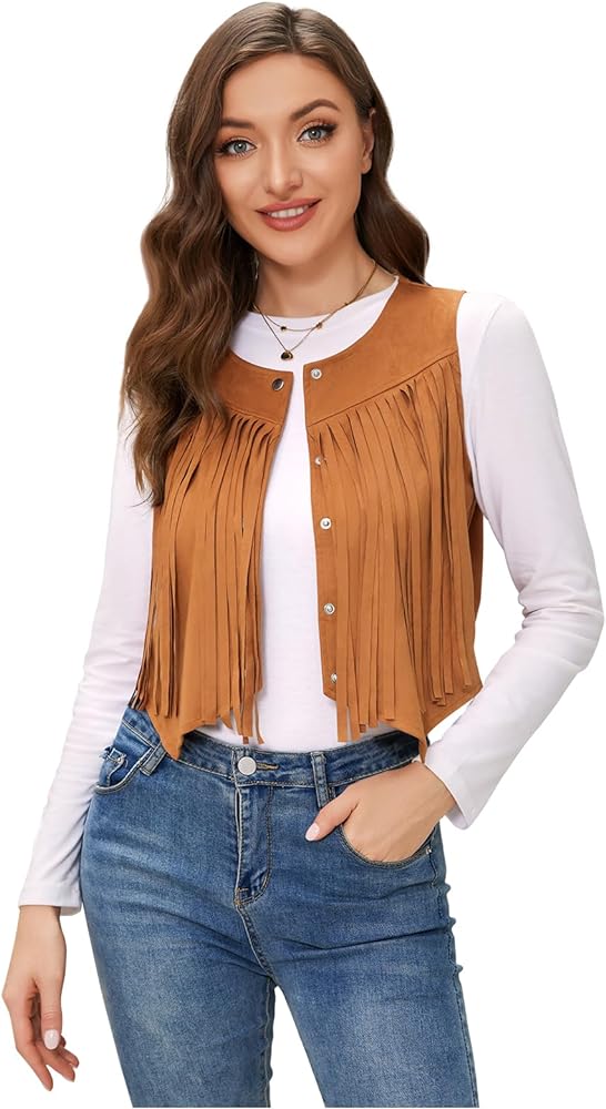 JASGOOD Women's Tassel Vest 70s Hippie Faux Suede Sleeveless Fringe Jacket Western Outfit for Women