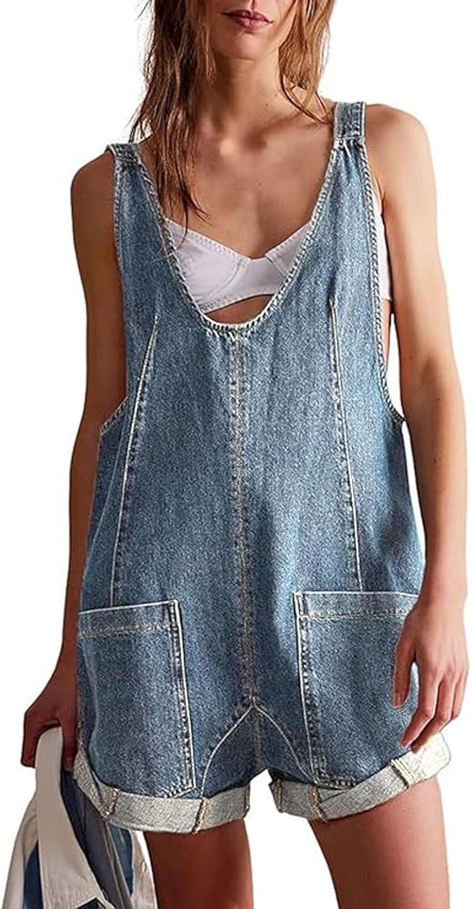 Women's Short Denim Overall Jumpsuits Casual Sleeveless V Neck Rolled Barrel Baggy Jeans Shorts Romper