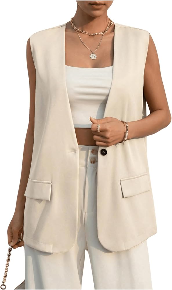 GORGLITTER Women's Open Front Single Button Vest Blazer Deep V Neck Sleeveless Vest Jacket