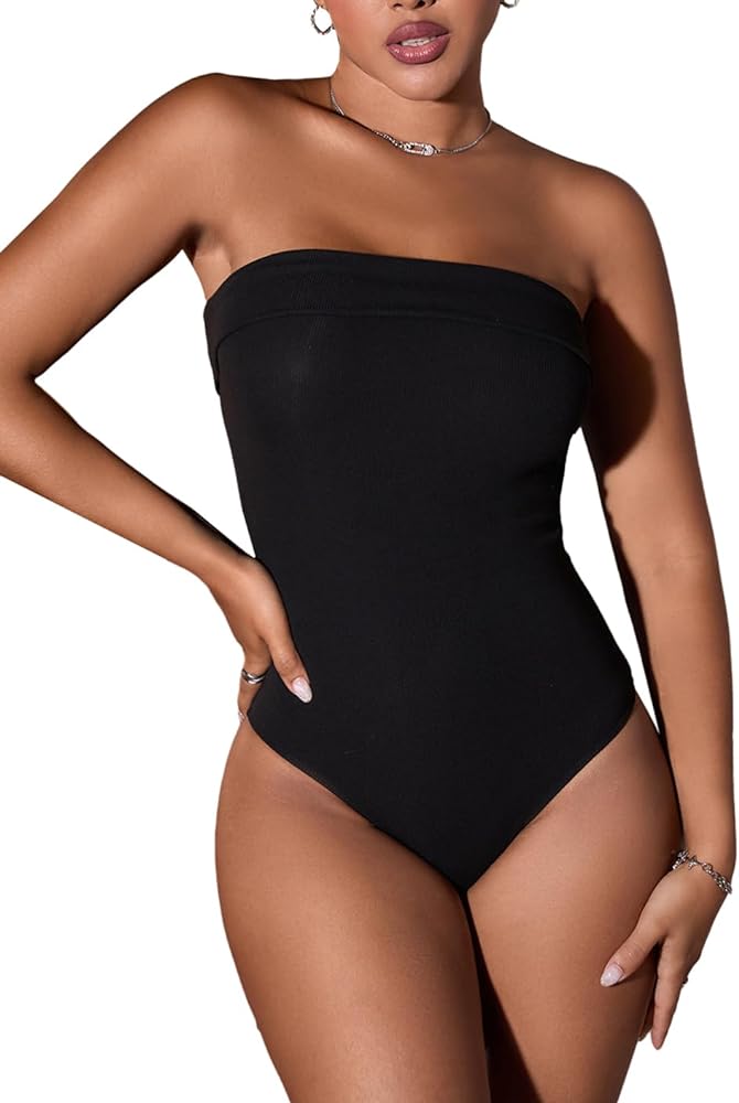 Milumia Women's Foldover Ribbed Knit Strapless Bandeau Tube Top Bodysuit Jumpsuit