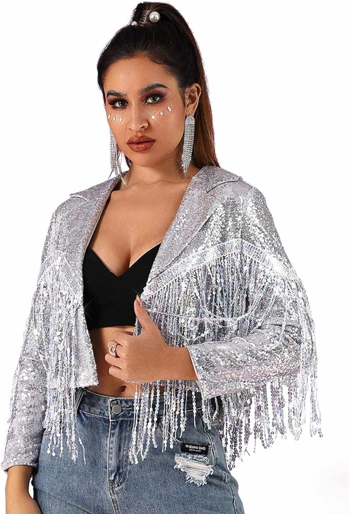 JAKAWIN Women’s Fringe New Years Eve Sequin Jacket Coat Long Sleeve Disco Theme Concert Rave Tassel Bomber Jackets