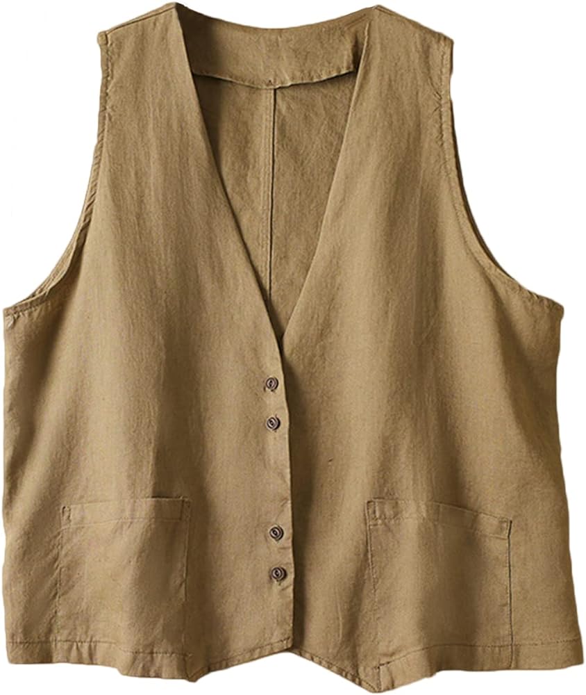 Women's Cotton Linen Vest Casual Button Down V Neck Blazer Waistcoat Sleeveless Jacket with Pockets(Khaki,XL)