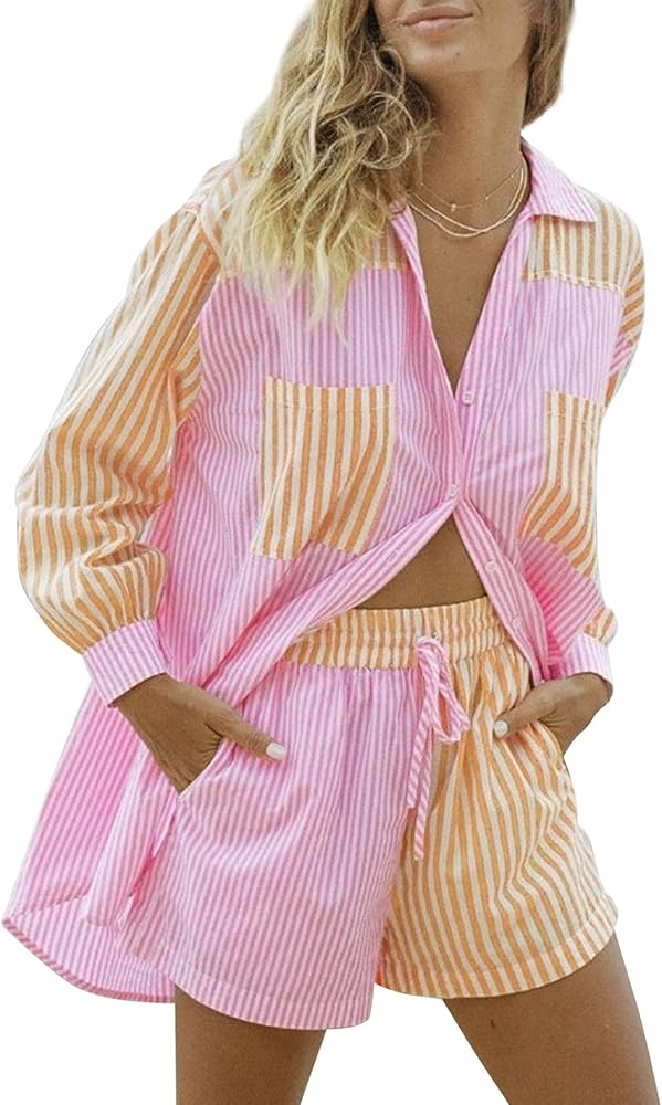 SAFRISIOR Women’s 2 Piece Casual Tracksuit Outfit Sets Stripe Long Sleeve Shirt And Loose High Waisted Mini Shorts Set