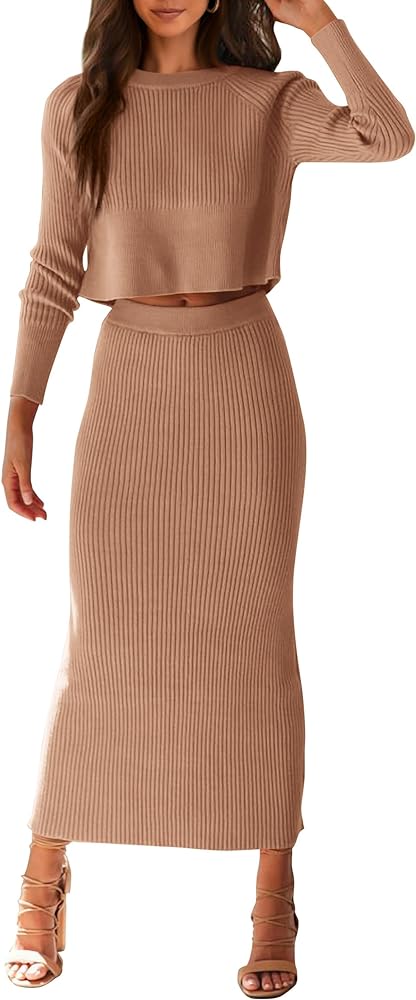 PRETTYGARDEN Women's Fall 2 Piece Sweater Set Rib Knit Long Sleeve Crop Top Maxi Bodycon Skirt Casual Winter Outfits