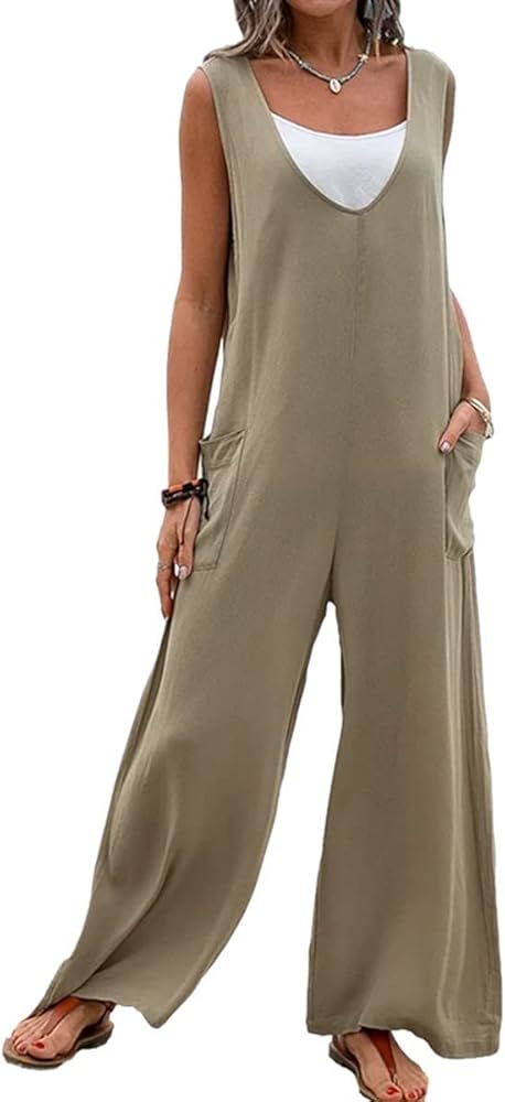 Women's Casual Summer Jumpsuit with Pockets - Sleeveless, Loose-Fit - 2023 Collection