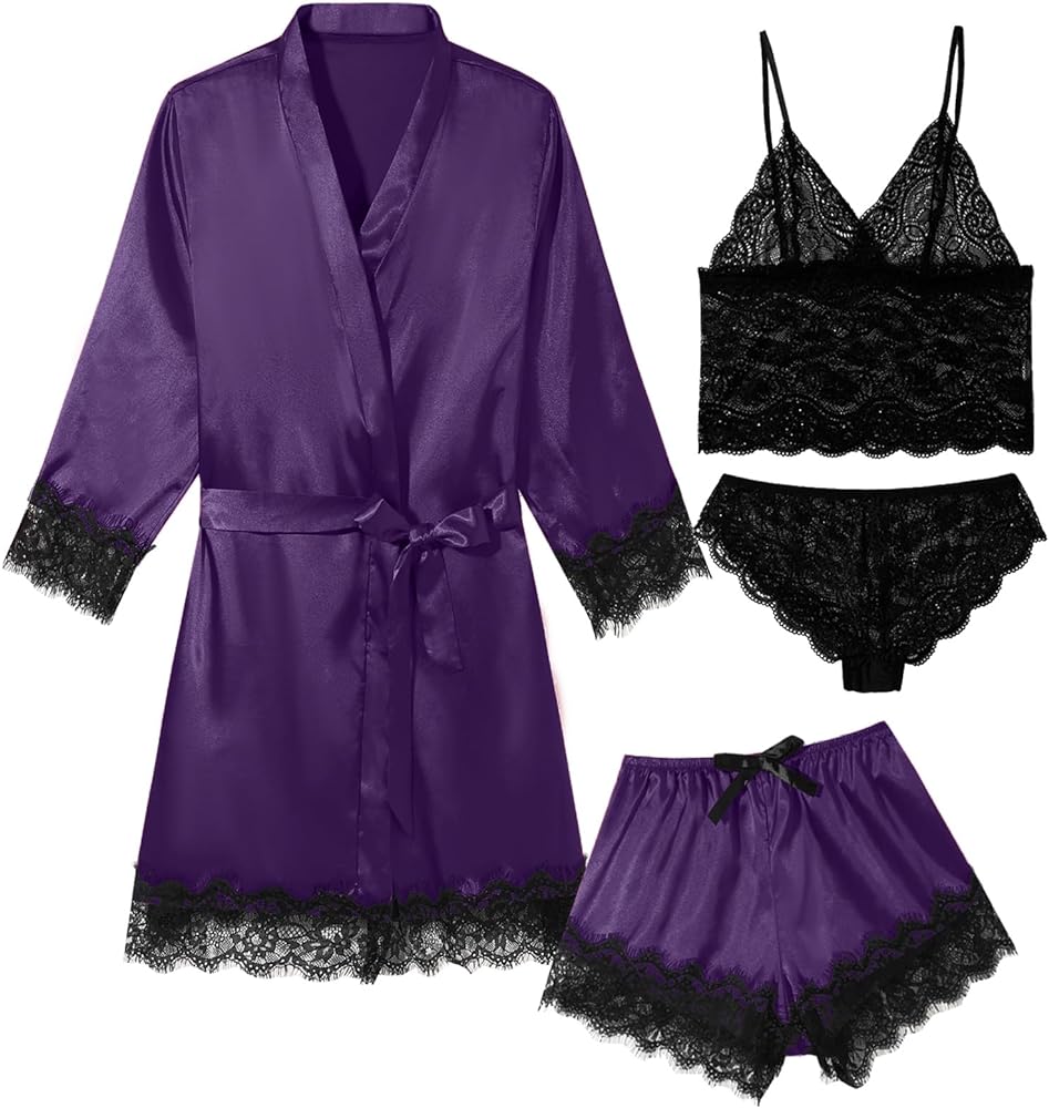 Womens Lingeries Silk Pajamas Robes Set 4Pcs Sexy Pjs Cami Shorts Satin Sleepwear Lace Loungewear